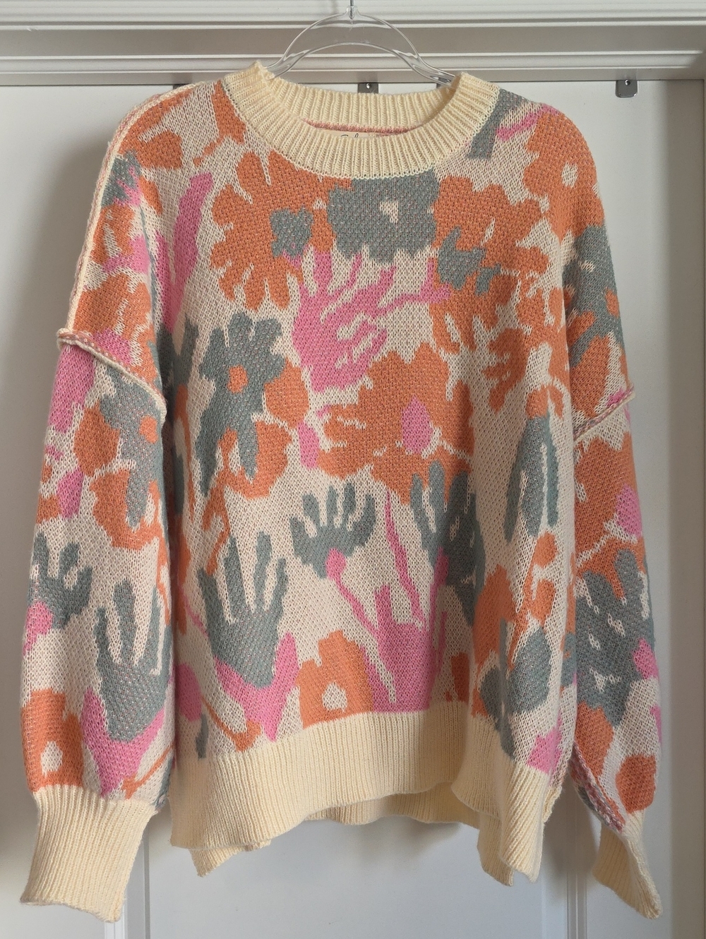 NWT Easel Oversized  Small Floral Crewneck Sweater in Cream, Orange & Pink